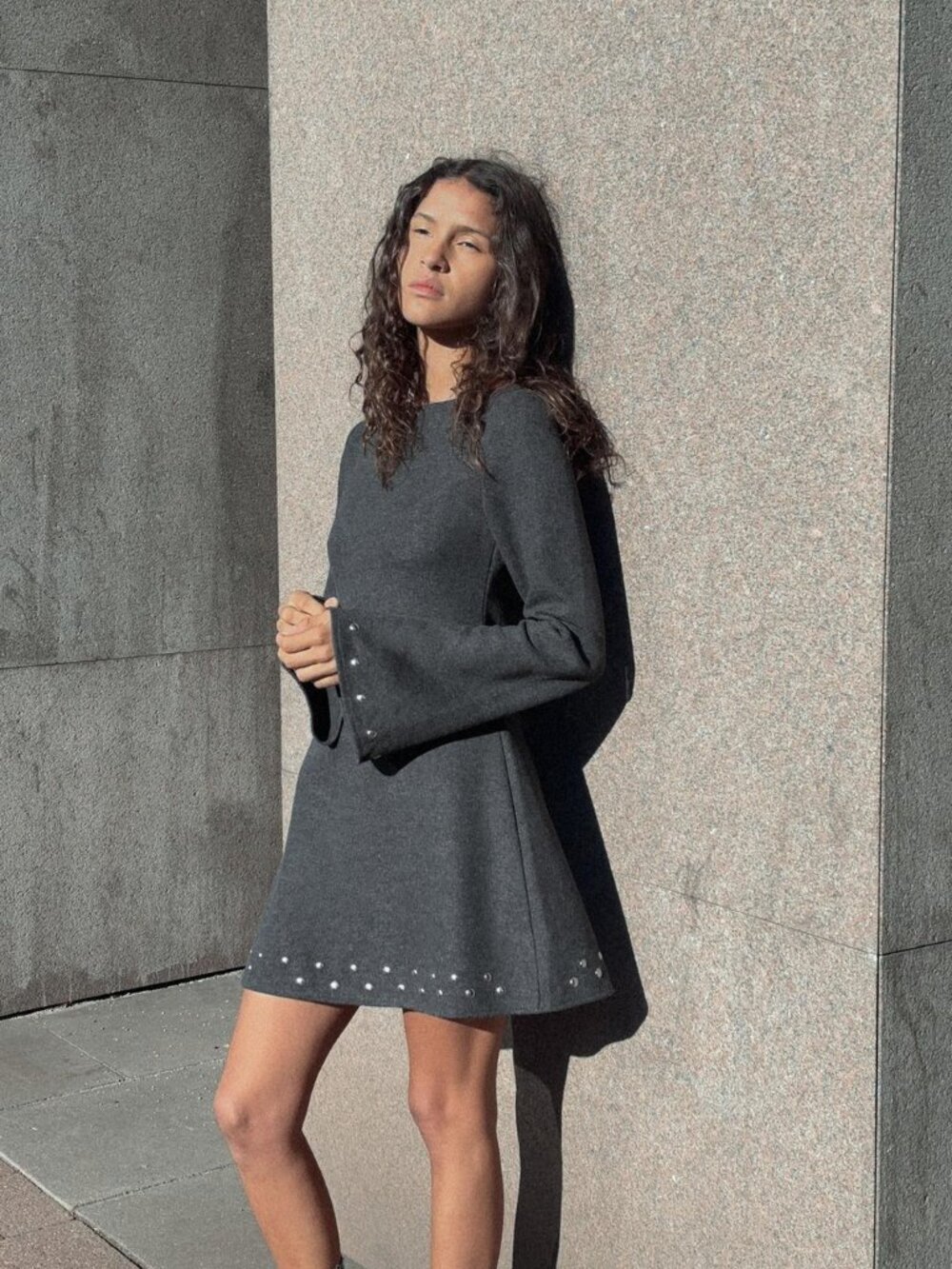 ZARA Soft Studded Dress Anthracite Grey A-Line Mini Dress Cotton L NWT Summer